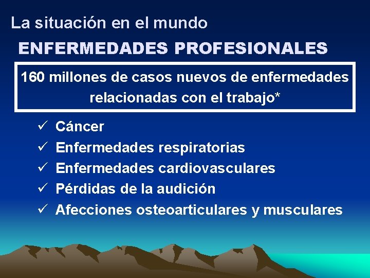 La situación en el mundo ENFERMEDADES PROFESIONALES 160 millones de casos nuevos de enfermedades