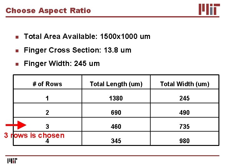 Choose Aspect Ratio n Total Area Available: 1500 x 1000 um n Finger Cross