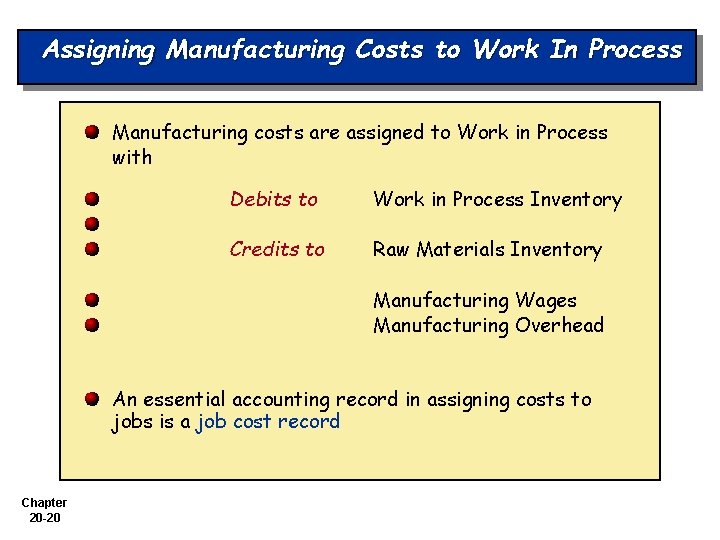Assigning Manufacturing Costs to Work In Process Manufacturing costs are assigned to Work in