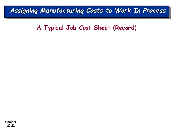 Assigning Manufacturing Costs to Work In Process A Typical Job Cost Sheet (Record) Chapter