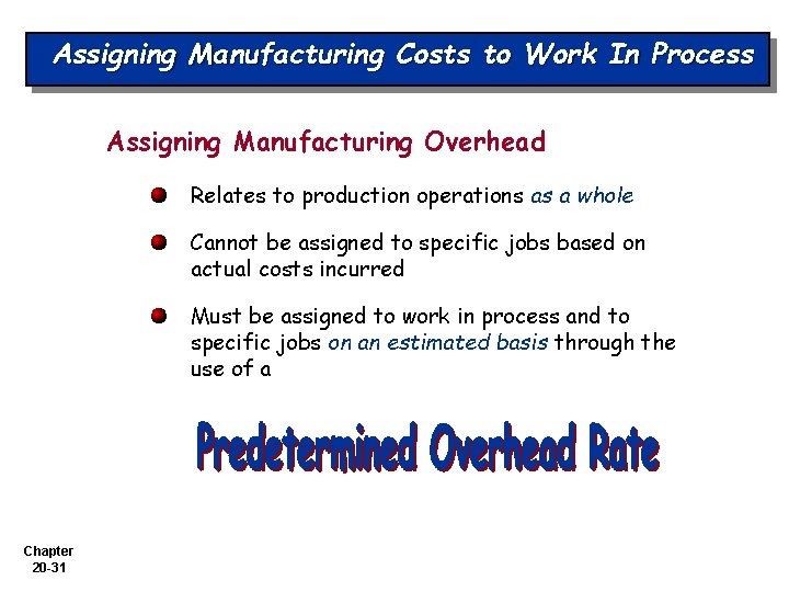 Assigning Manufacturing Costs to Work In Process Assigning Manufacturing Overhead Relates to production operations