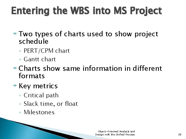 Entering the WBS into MS Project Two types of charts used to show project