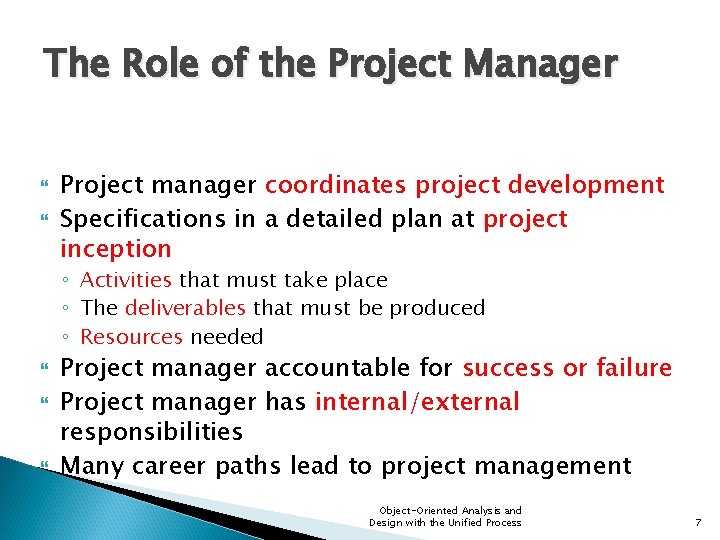 The Role of the Project Manager Project manager coordinates project development Specifications in a