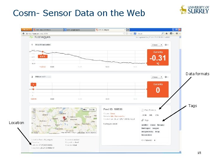 Cosm- Sensor Data on the Web Data formats Tags Location 15 Cosm- Sensor Data on the Web Data formats Tags Location 15