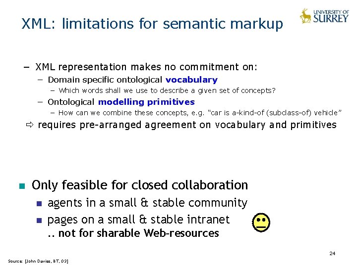 XML: limitations for semantic markup − XML representation makes no commitment on: − Domain XML: limitations for semantic markup − XML representation makes no commitment on: − Domain