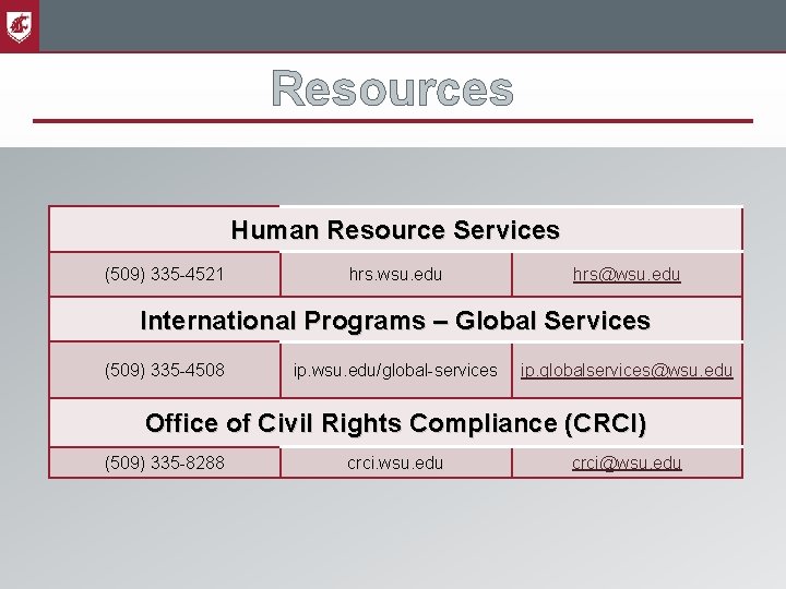 Resources Human Resource Services (509) 335 -4521 hrs. wsu. edu hrs@wsu. edu International Programs