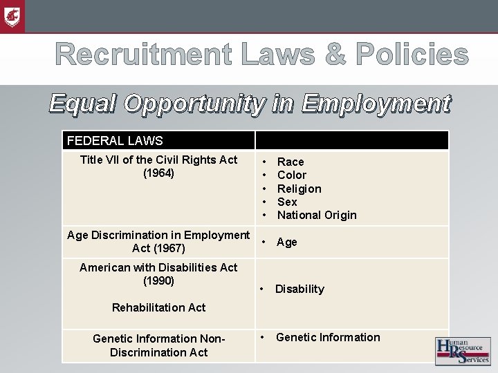 Recruitment Laws & Policies Equal Opportunity in Employment FEDERAL LAWS Title VII of the