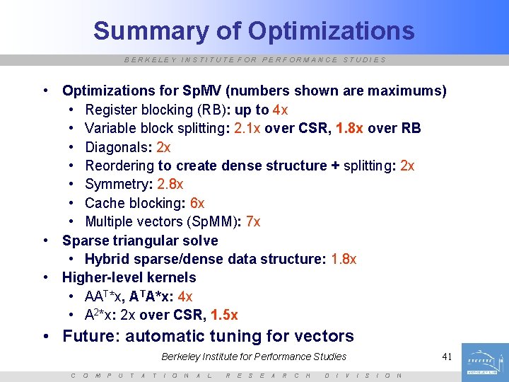 Summary of Optimizations BERKELEY INSTITUTE FOR PERFORMANCE STUDIES • Optimizations for Sp. MV (numbers
