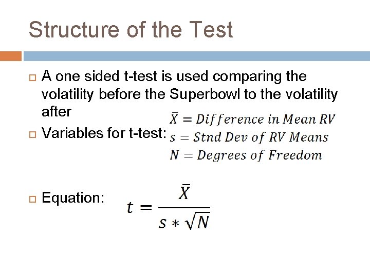 Structure of the Test A one sided t-test is used comparing the volatility before