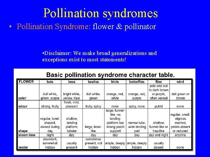 Pollination syndromes • Pollination Syndrome: flower & pollinator • Disclaimer: We make broad generalizations