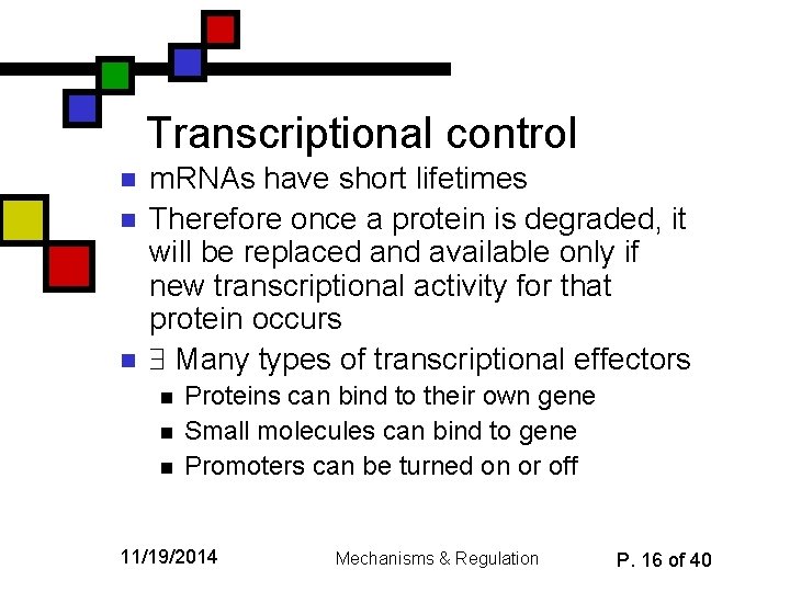 Transcriptional control n n n m. RNAs have short lifetimes Therefore once a protein