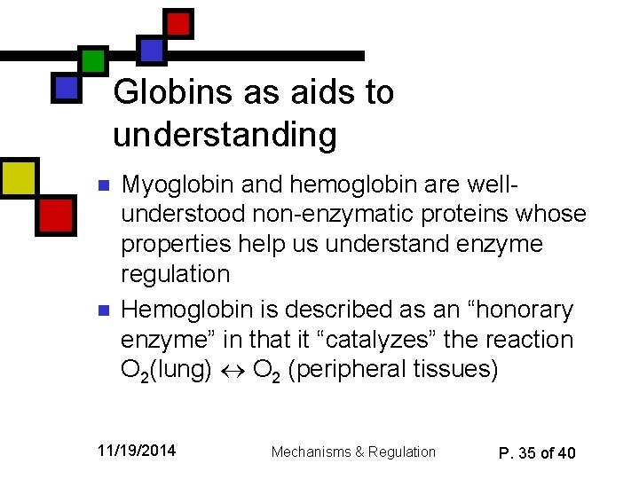 Globins as aids to understanding n n Myoglobin and hemoglobin are wellunderstood non-enzymatic proteins