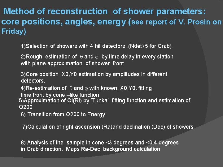  Method of reconstruction of shower parameters: core positions, angles, energy (see report of