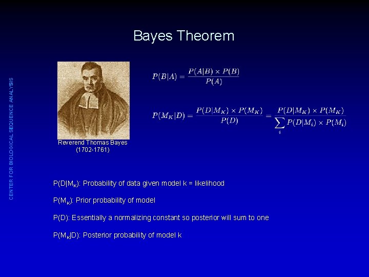 CENTER FOR BIOLOGICAL SEQUENCE ANALYSIS Bayes Theorem Reverend Thomas Bayes (1702 -1761) P(D|MK): Probability