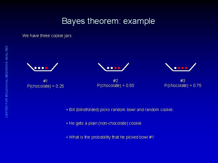 Bayes theorem: example CENTER FOR BIOLOGICAL SEQUENCE ANALYSIS We have three cookie jars: #1