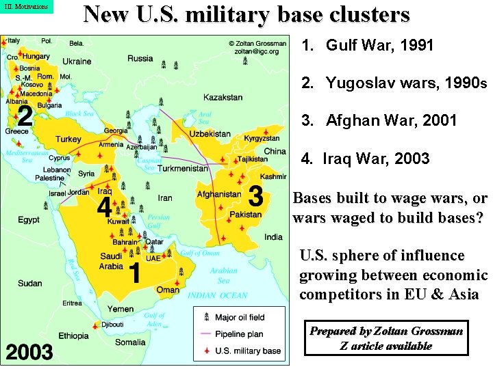 III. Motivations New U. S. military base clusters 1. Gulf War, 1991 2. Yugoslav