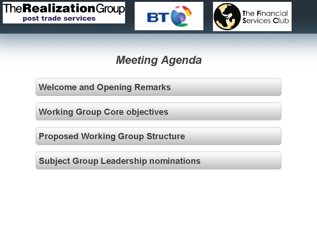 Meeting Agenda Welcome and Opening Remarks Working Group Core objectives Proposed Working Group Structure