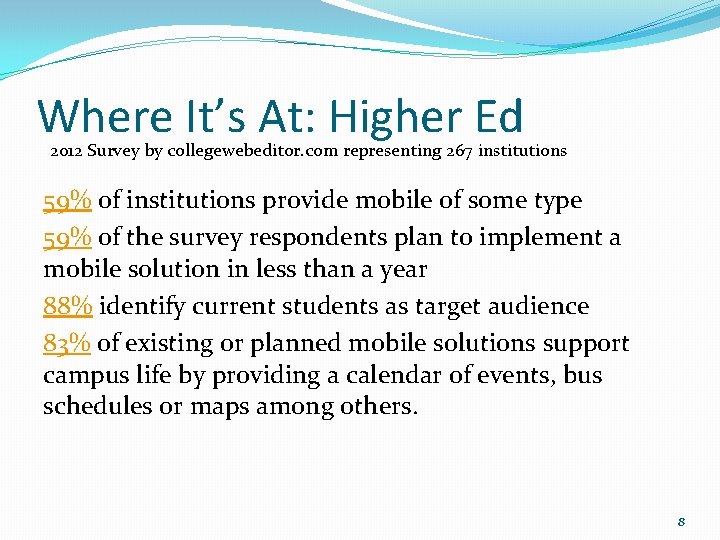 Where It’s At: Higher Ed 2012 Survey by collegewebeditor. com representing 267 institutions 59%