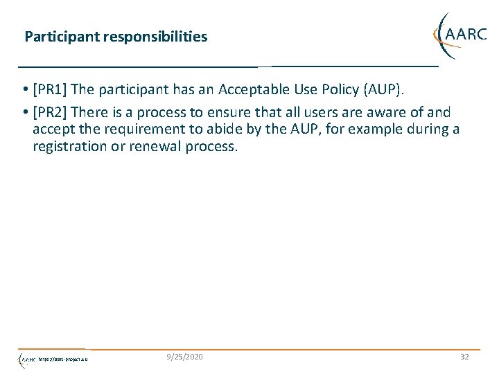 Participant responsibilities • [PR 1] The participant has an Acceptable Use Policy (AUP). •