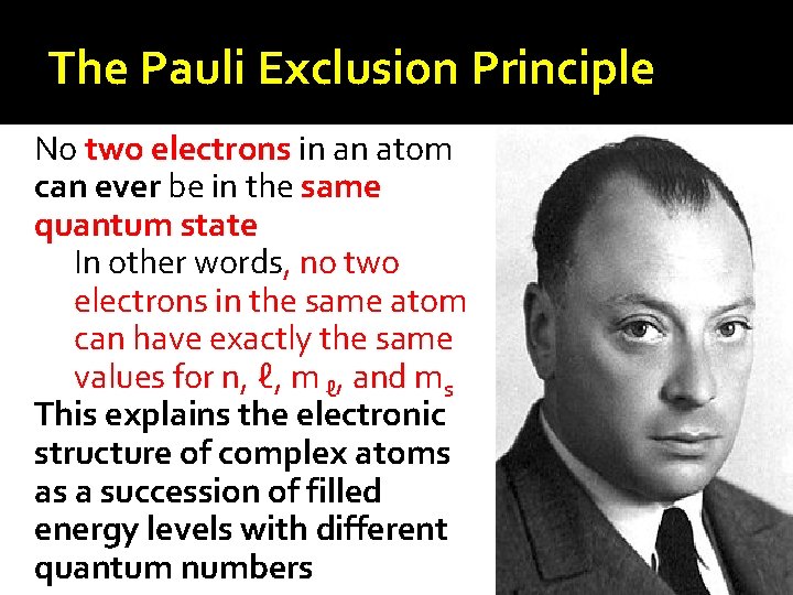 The Pauli Exclusion Principle No two electrons in an atom can ever be in