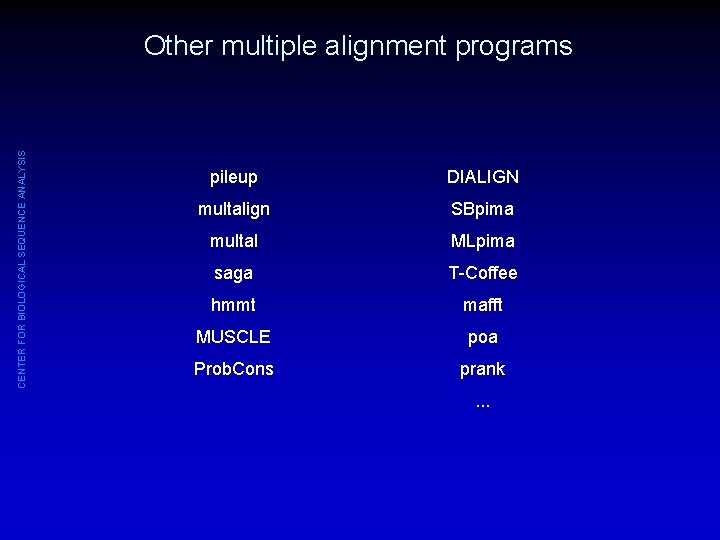 CENTER FOR BIOLOGICAL SEQUENCE ANALYSIS Other multiple alignment programs pileup DIALIGN multalign SBpima multal