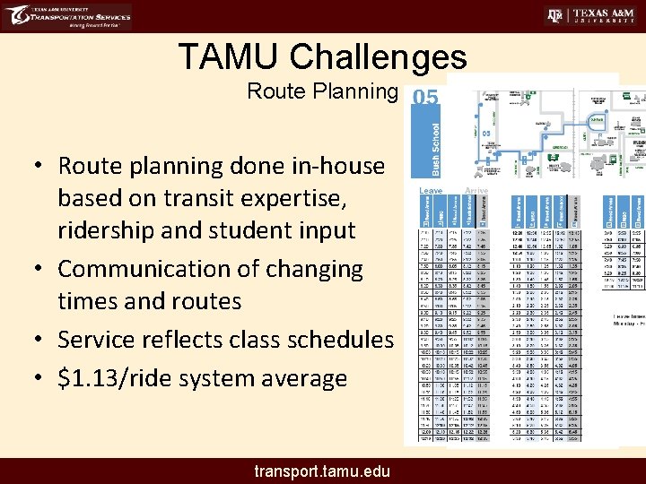 TAMU Challenges Route Planning • Route planning done in-house based on transit expertise, ridership