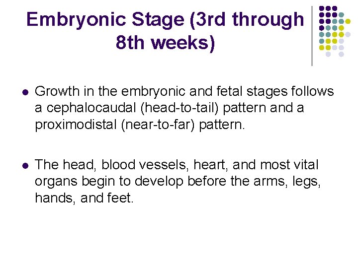 Embryonic Stage (3 rd through 8 th weeks) l Growth in the embryonic and