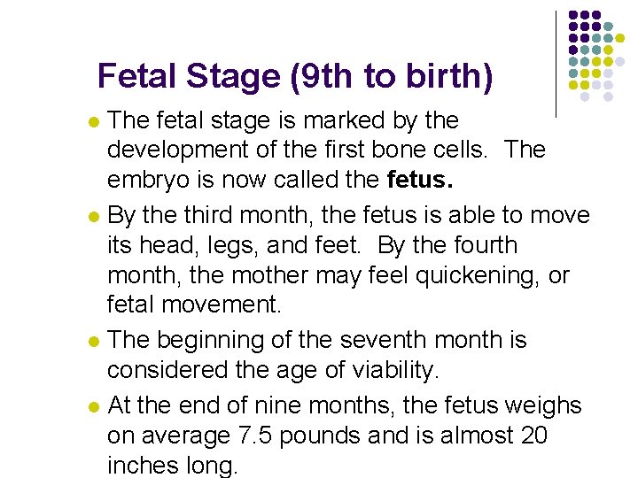 Fetal Stage (9 th to birth) The fetal stage is marked by the development