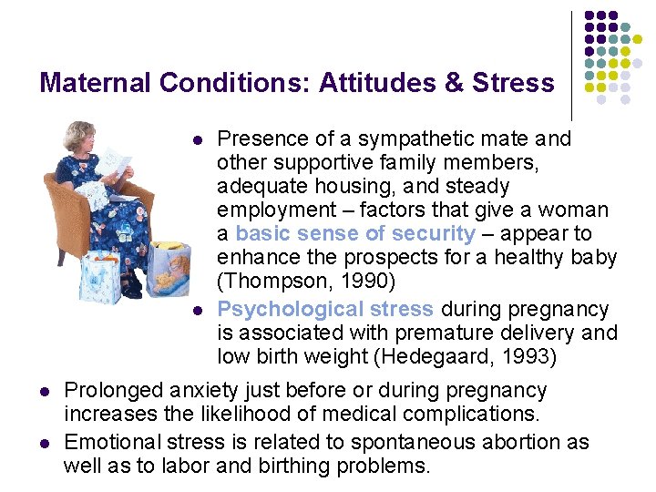 Maternal Conditions: Attitudes & Stress l l Presence of a sympathetic mate and other