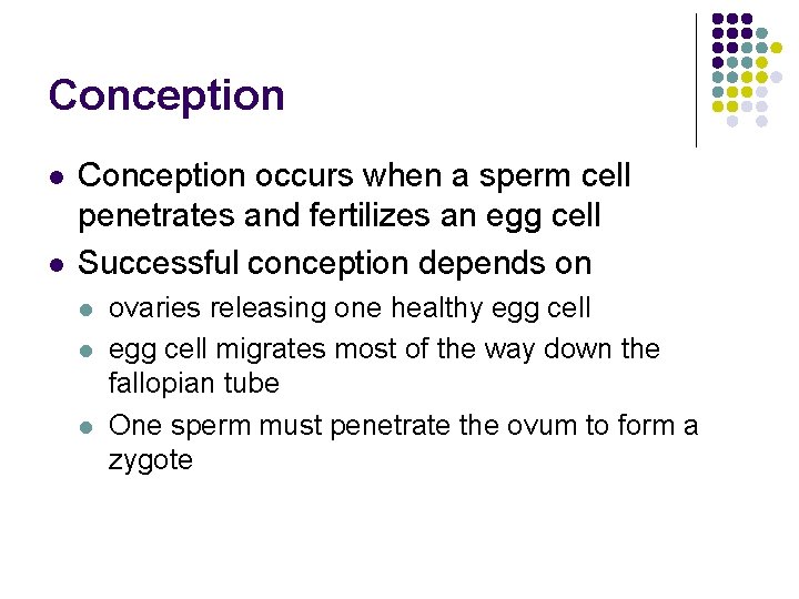 Conception l l Conception occurs when a sperm cell penetrates and fertilizes an egg