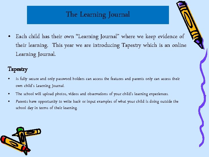 The Learning Journal • Each child has their own “Learning Journal” where we keep