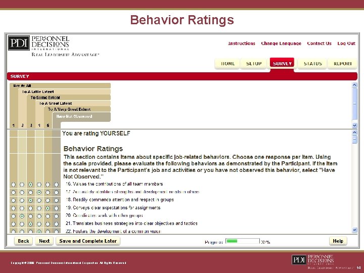 Behavior Ratings Copyright © 2008, Personnel Decisions International Corporation. All Rights Reserved. 14 