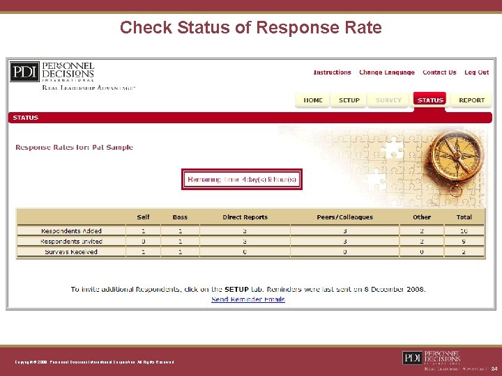 Check Status of Response Rate Copyright © 2008, Personnel Decisions International Corporation. All Rights