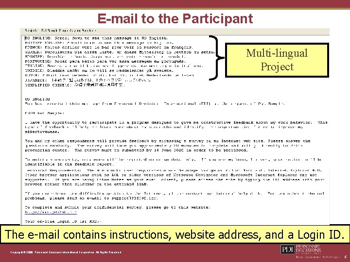 E-mail to the Participant Multi-lingual Project The e-mail contains instructions, website address, and a