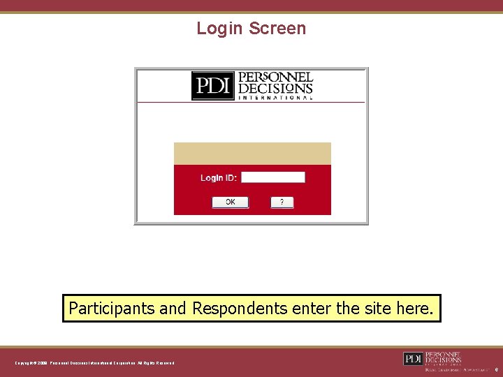 Login Screen Participants and Respondents enter the site here. Copyright © 2008, Personnel Decisions