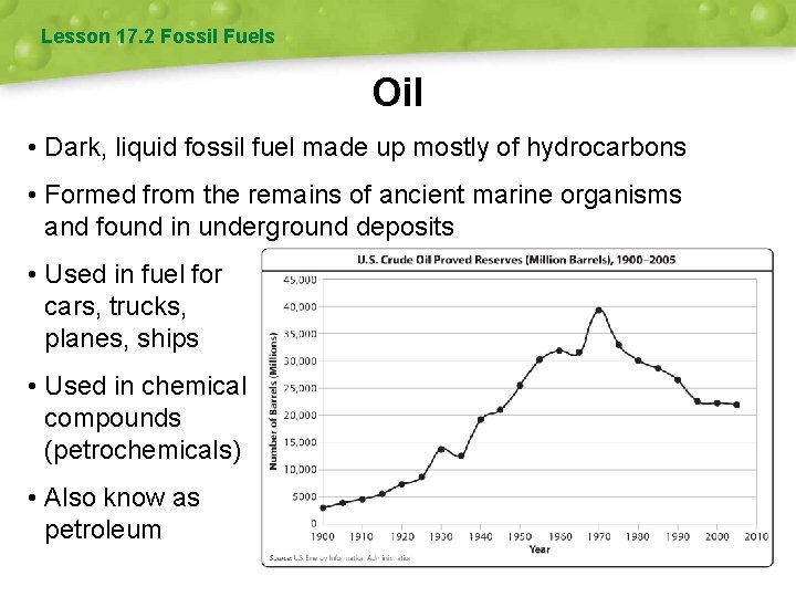 Lesson 17. 2 Fossil Fuels Oil • Dark, liquid fossil fuel made up mostly