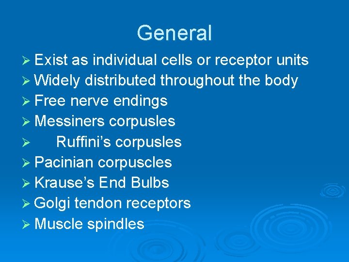 General Ø Exist as individual cells or receptor units Ø Widely distributed throughout the