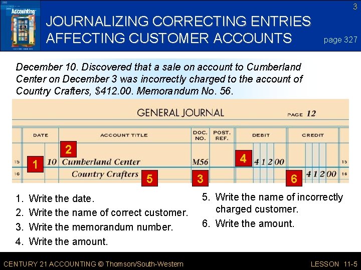 3 JOURNALIZING CORRECTING ENTRIES AFFECTING CUSTOMER ACCOUNTS page 327 December 10. Discovered that a