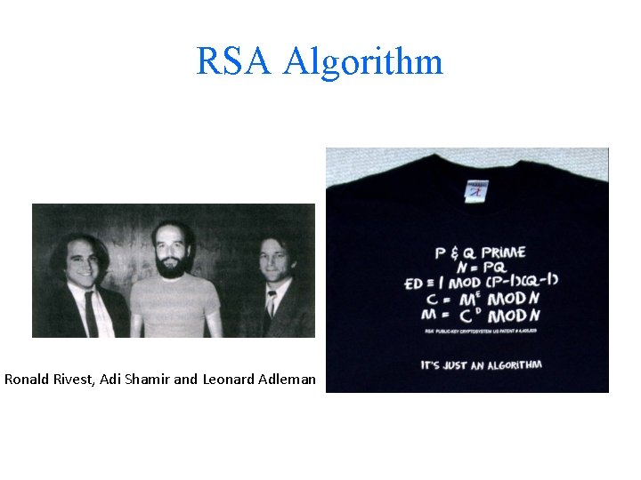 RSA Algorithm Ronald Rivest, Adi Shamir and Leonard Adleman 