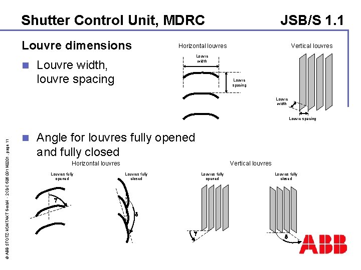 Shutter Control Unit, MDRC Louvre dimensions n JSB/S 1. 1 Horizontal louvres Vertical louvres