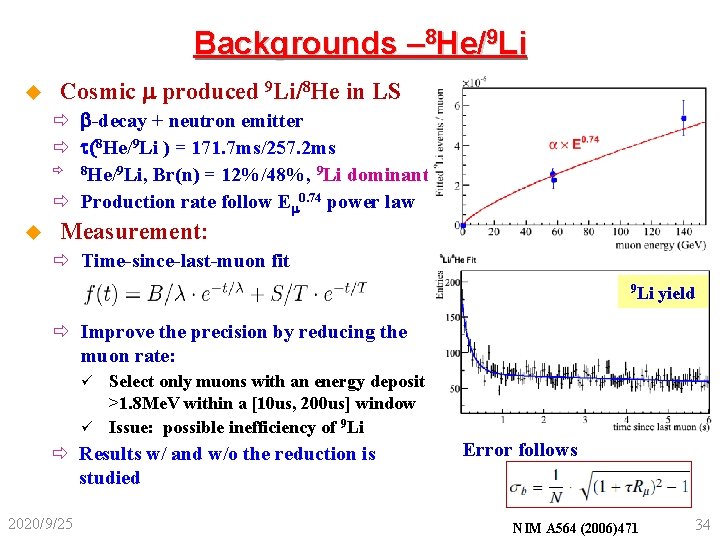 Backgrounds – 8 He/9 Li u Cosmic m produced 9 Li/8 He in LS