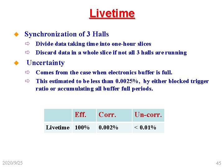 Livetime u Synchronization of 3 Halls ð Divide data taking time into one-hour slices