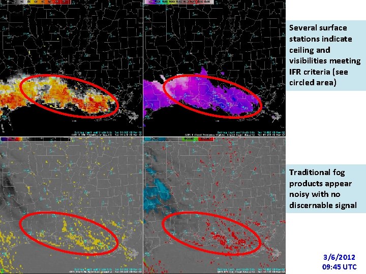 Several surface stations indicate ceiling and visibilities meeting IFR criteria (see circled area) Traditional