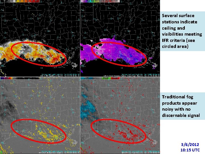 Several surface stations indicate ceiling and visibilities meeting IFR criteria (see circled area) Traditional