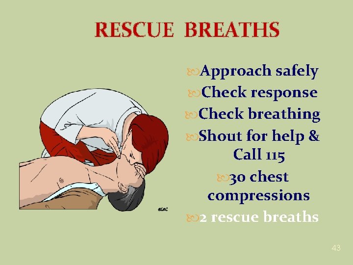 RESCUE BREATHS Approach safely Check response Check breathing Shout for help & Call 115
