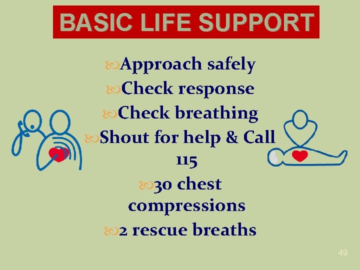 BASIC LIFE SUPPORT Approach safely Check response Check breathing Shout for help & Call BASIC LIFE SUPPORT Approach safely Check response Check breathing Shout for help & Call