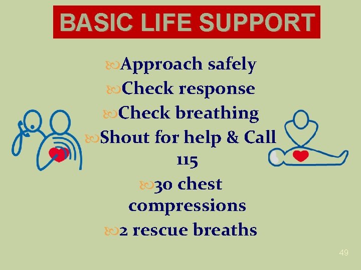 BASIC LIFE SUPPORT Approach safely Check response Check breathing Shout for help & Call