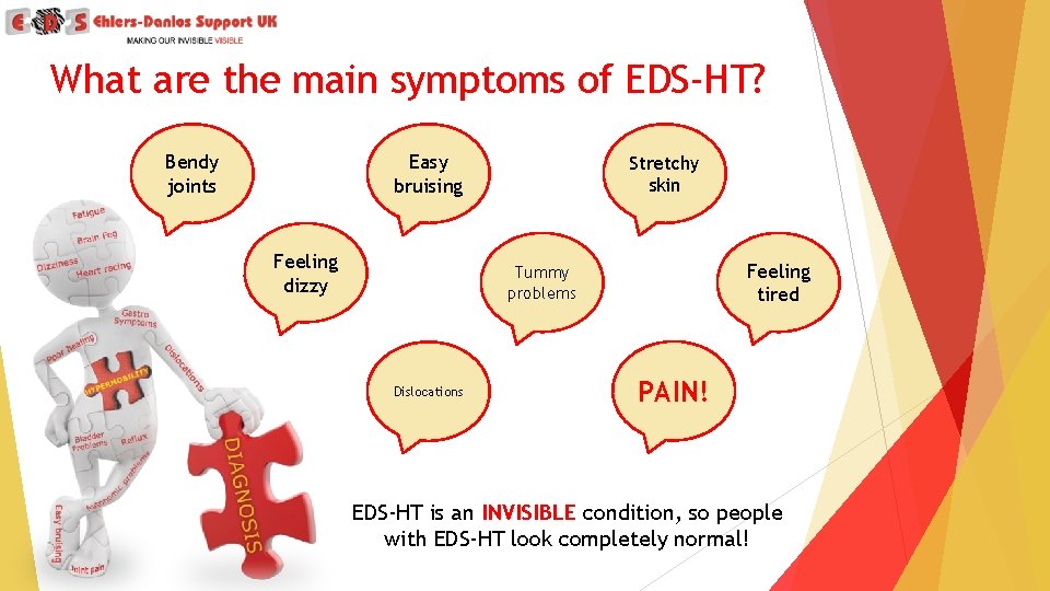 What are the main symptoms of EDS-HT? Bendy joints Easy bruising Feeling dizzy Stretchy