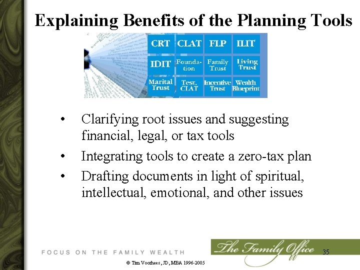 Explaining Benefits of the Planning Tools • • • Clarifying root issues and suggesting