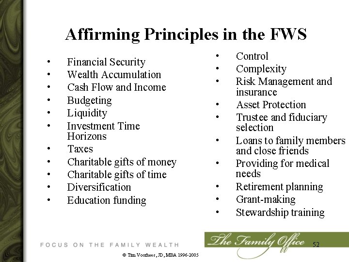 Affirming Principles in the FWS • • • Financial Security Wealth Accumulation Cash Flow